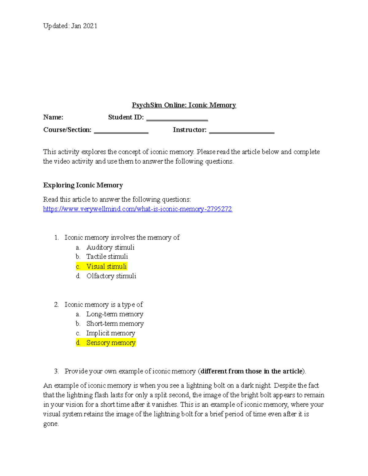 Iconic Memory psych - PsychSim Online: Iconic Memory Name: Student ID