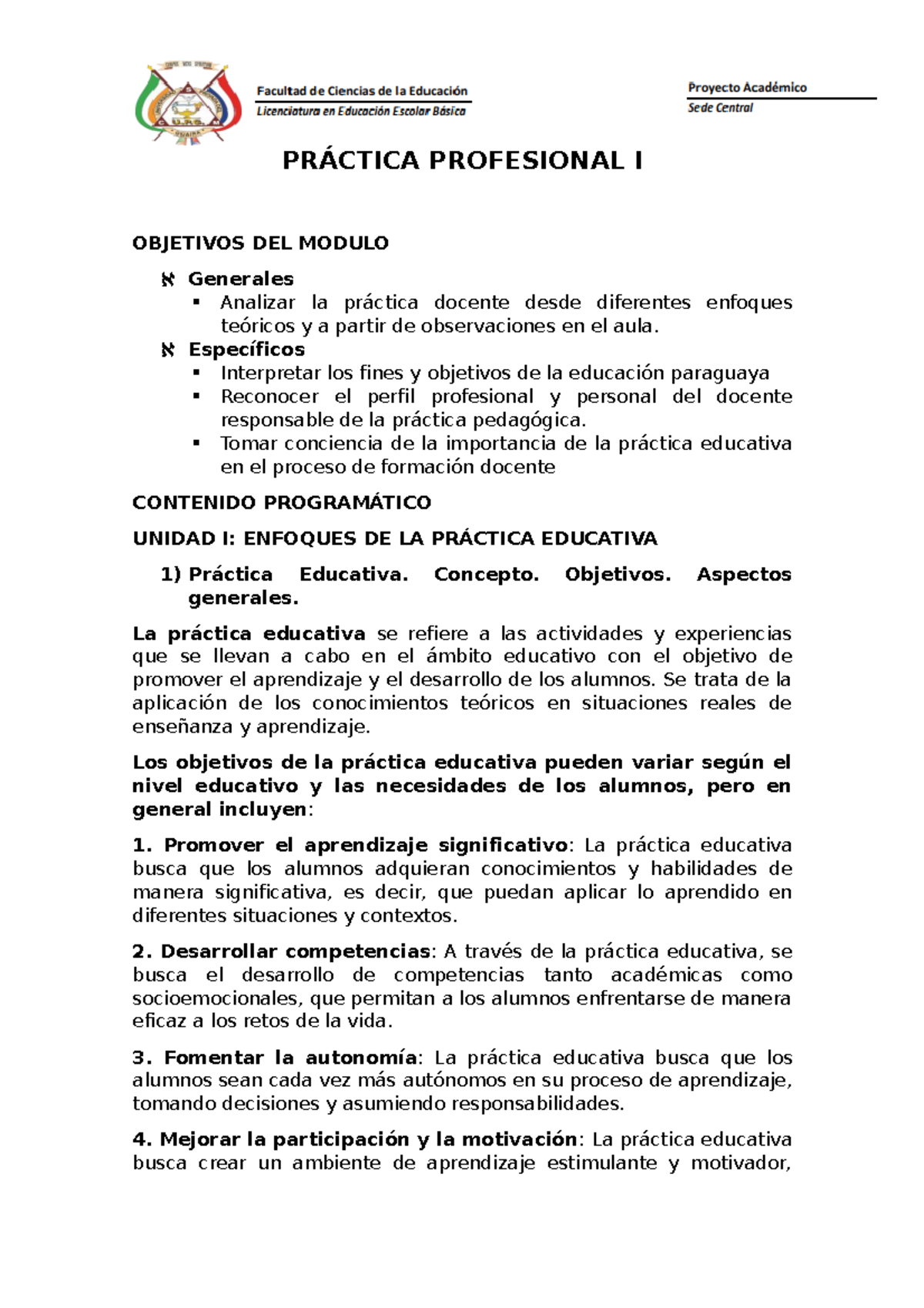Práctica Profesional I - PRÁCTICA PROFESIONAL I OBJETIVOS DEL MODULO ...