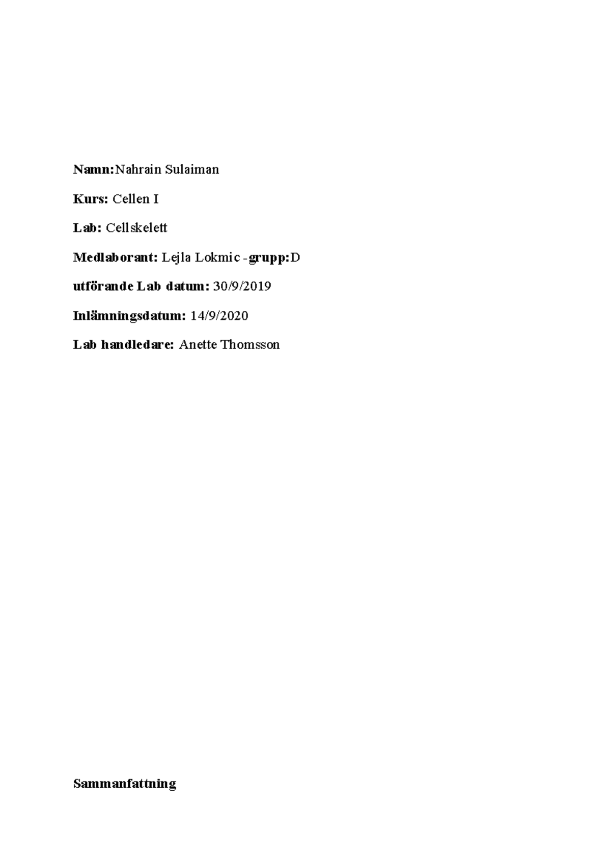N-Sulaiman-V2-lab 3 - cellskelett Laboration - Namn: Nahrain Sulaiman ...