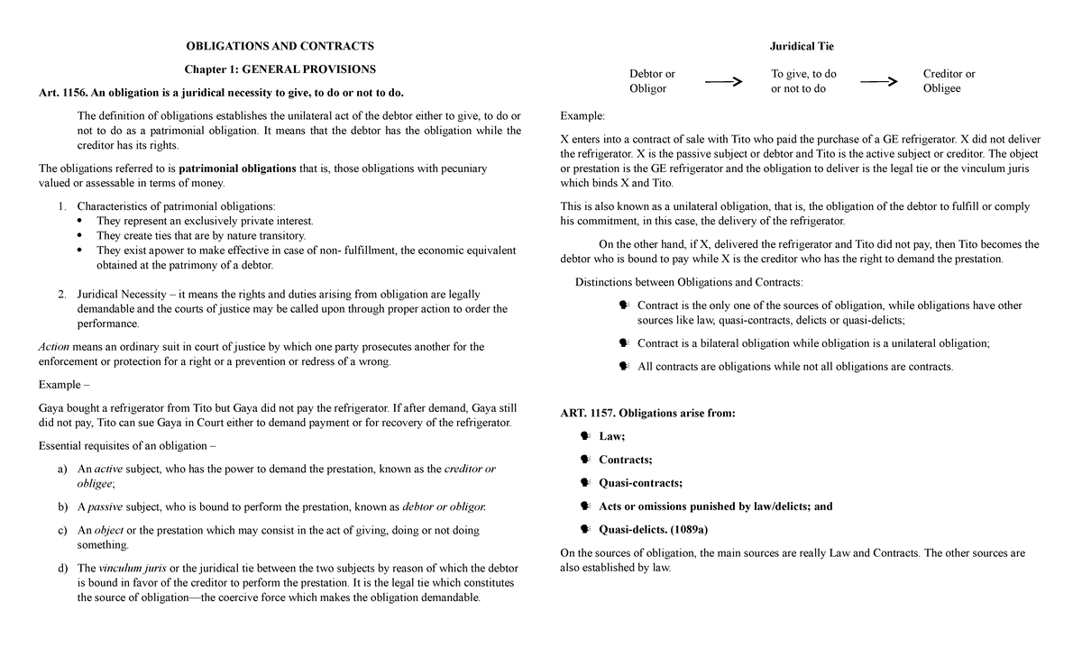 Obligations AND Contracts Notes - OBLIGATIONS AND CONTRACTS Chapter 1 ...