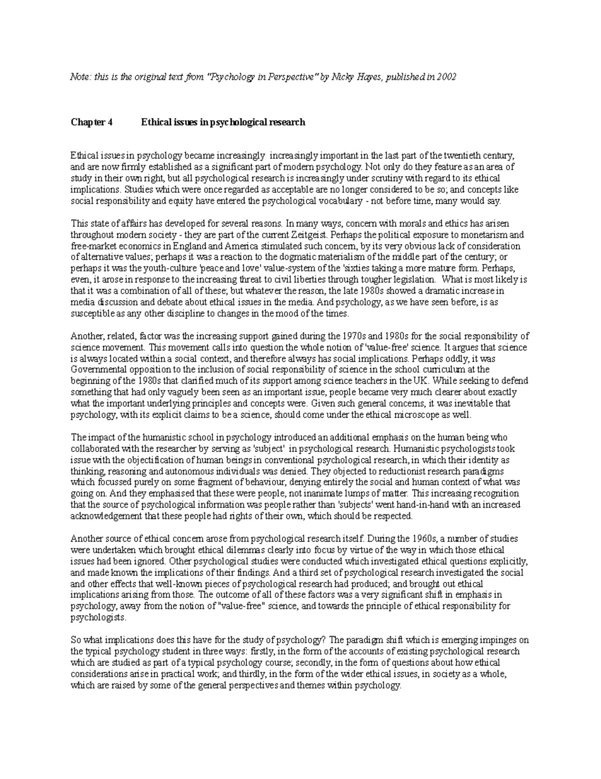 Ethicalissues - ETHICAL ISSUES IN PSYCHOLOGICAL RESEARCH - Note: this ...