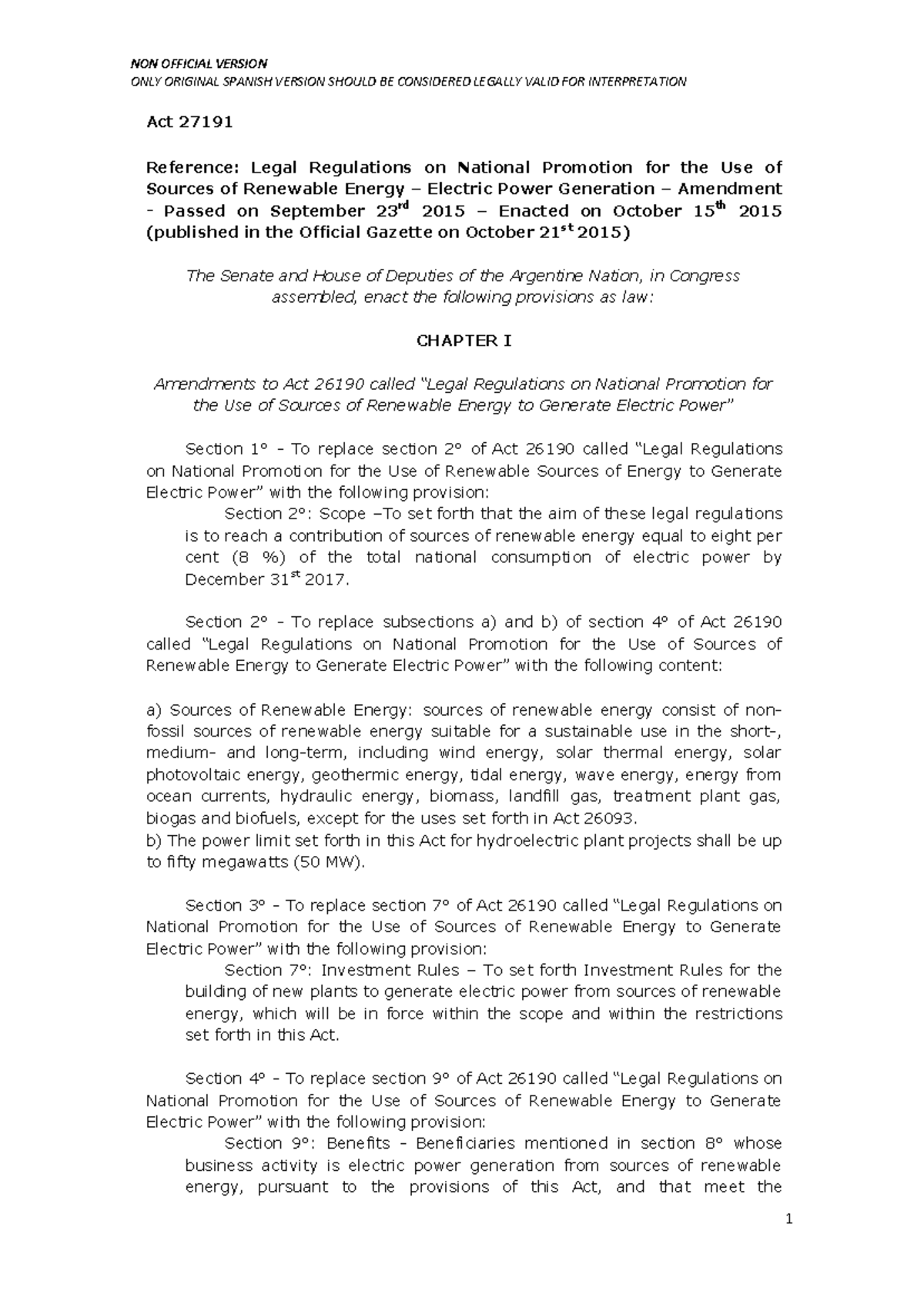 Argentina Renewable Energy Law Act 27191 (English version) ONLY