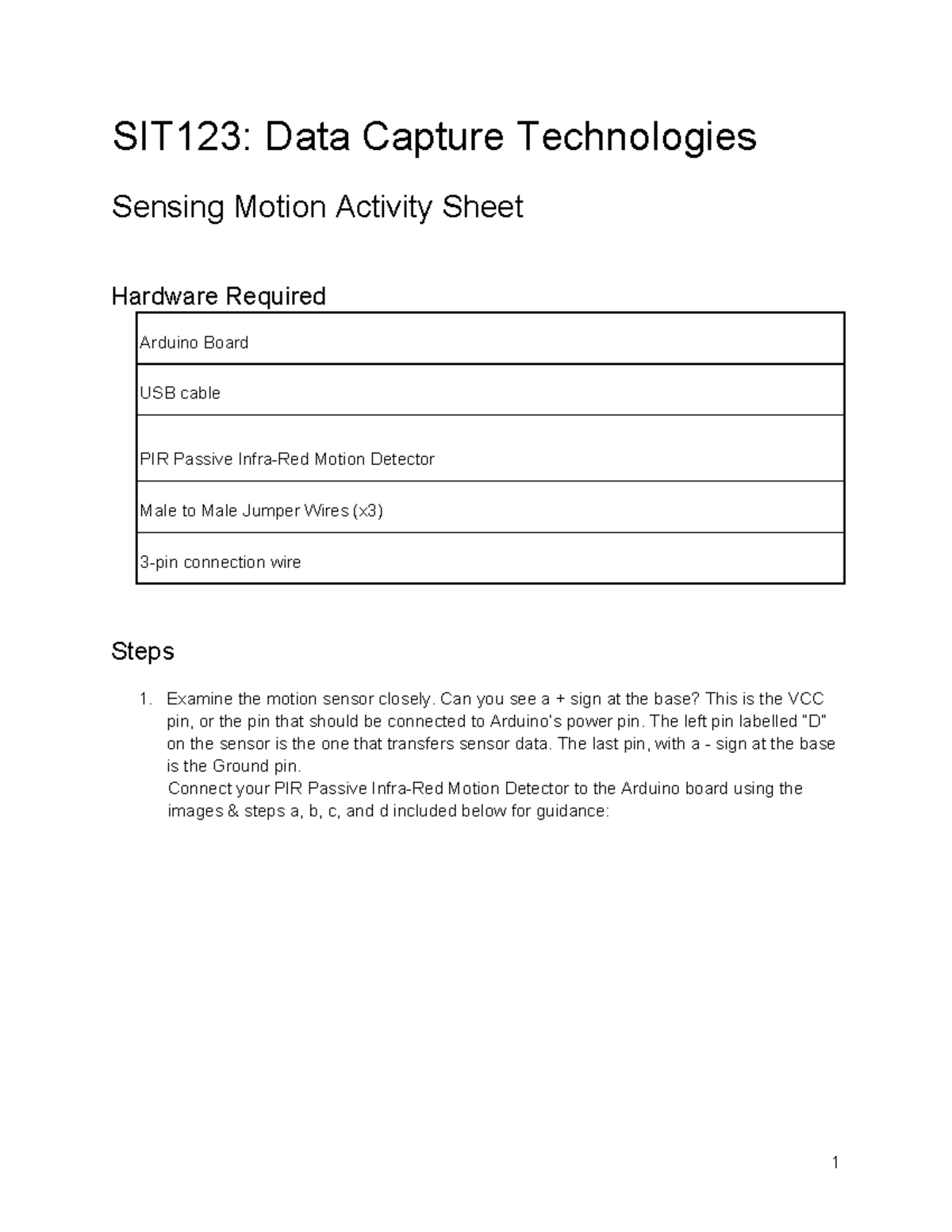 Sensing Motion Activity Sheet - SIT123: Data Capture Technologies ...