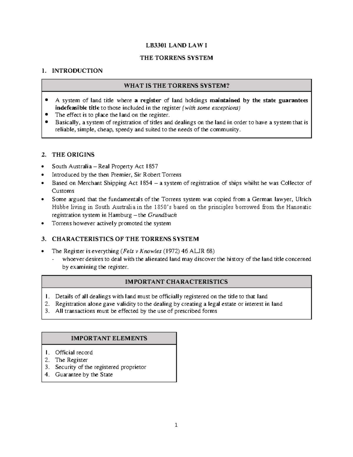 4. The Torrens System 1 LB3301 LAND LAW I THE TORRENS SYSTEM 1