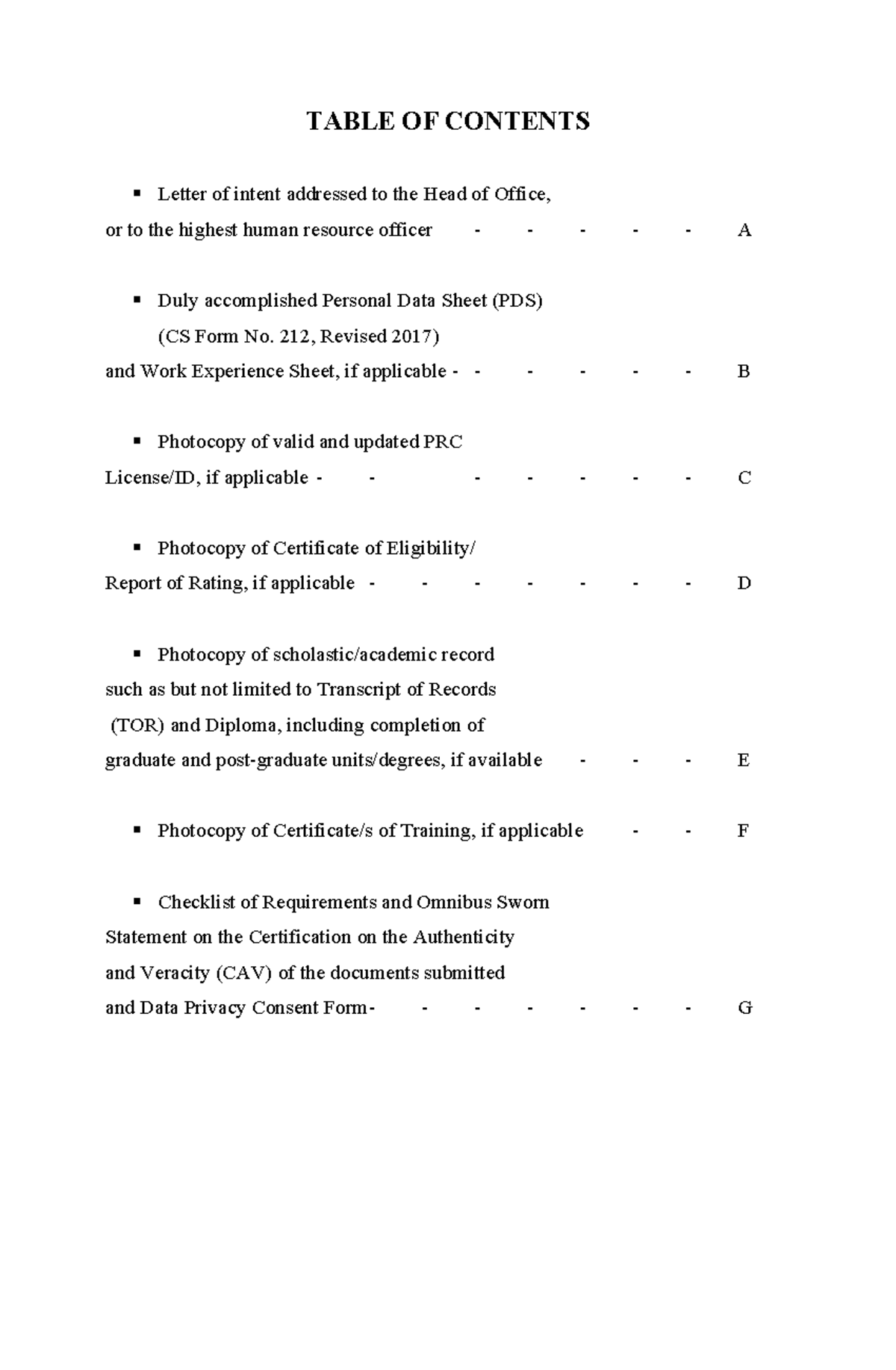 Sample Table of contents and Tabbings for pertinent papers - TABLE OF ...