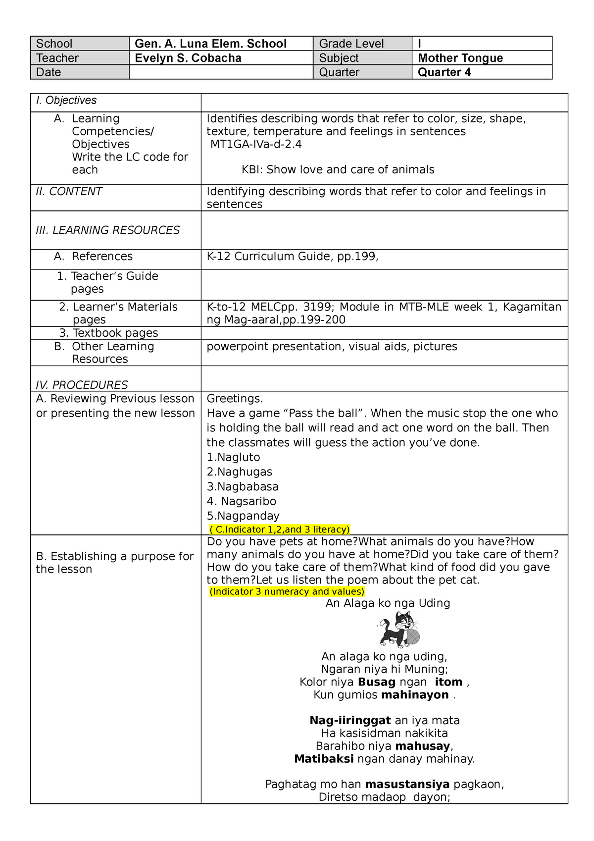 LP MTB 1 Q4 Evelyn - Lesson Plan - School Gen. A. Luna Elem. School ...