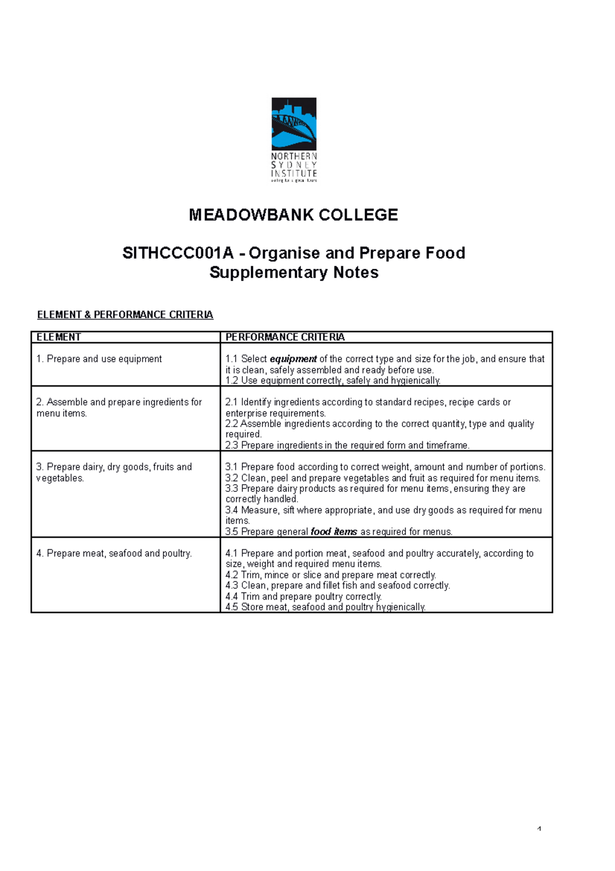 18073 Organise and Prepare Food unit notes - MEADOWBANK COLLEGE ...