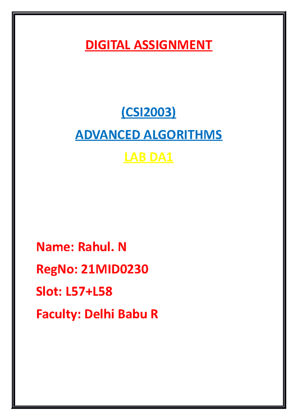 21MID0230 ADV Aweaflgorithm LAB DA1 - DIGITAL ASSIGNMENT (CSI2003 ...