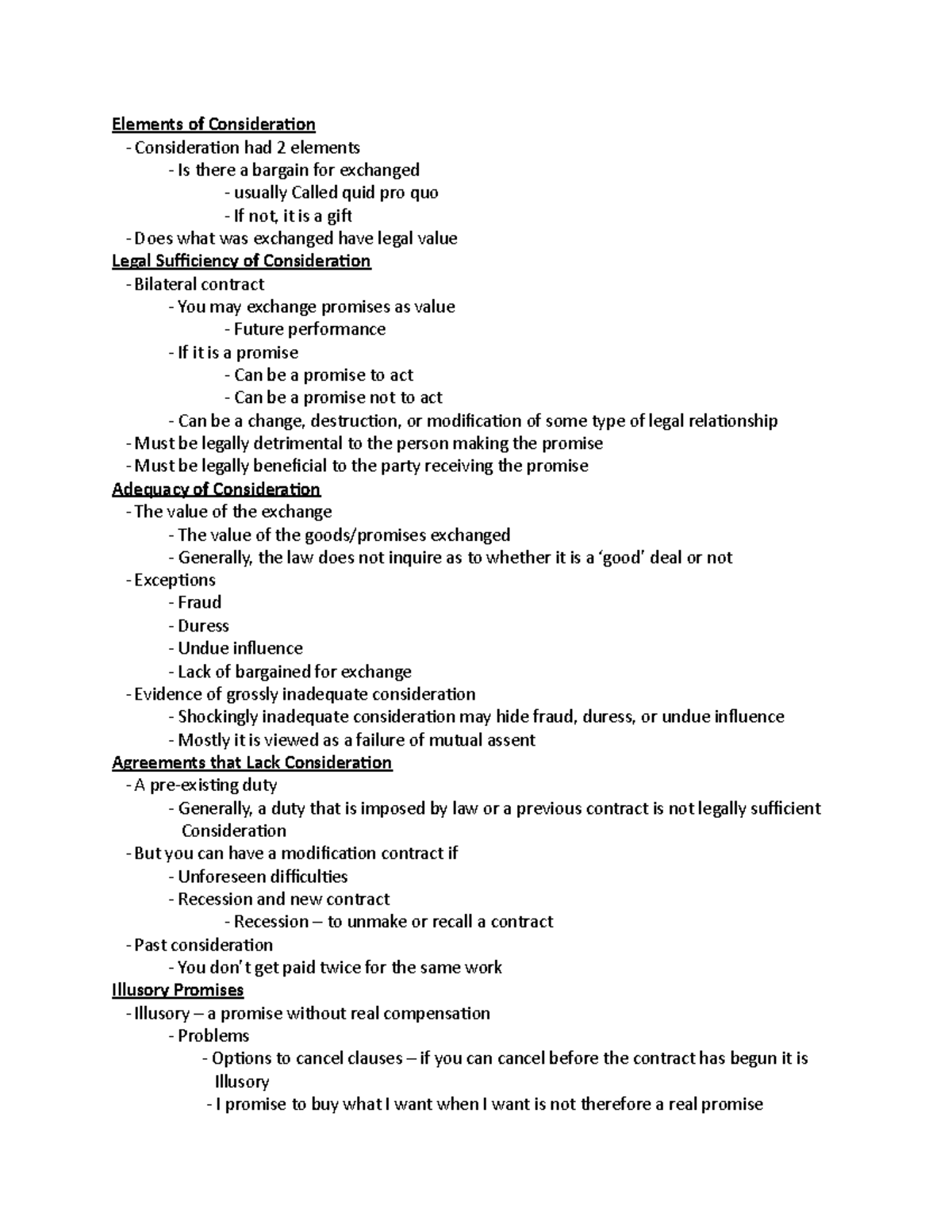 Businesss Law Chpt 13 - Lecture Notes - Elements Of Consideration ...