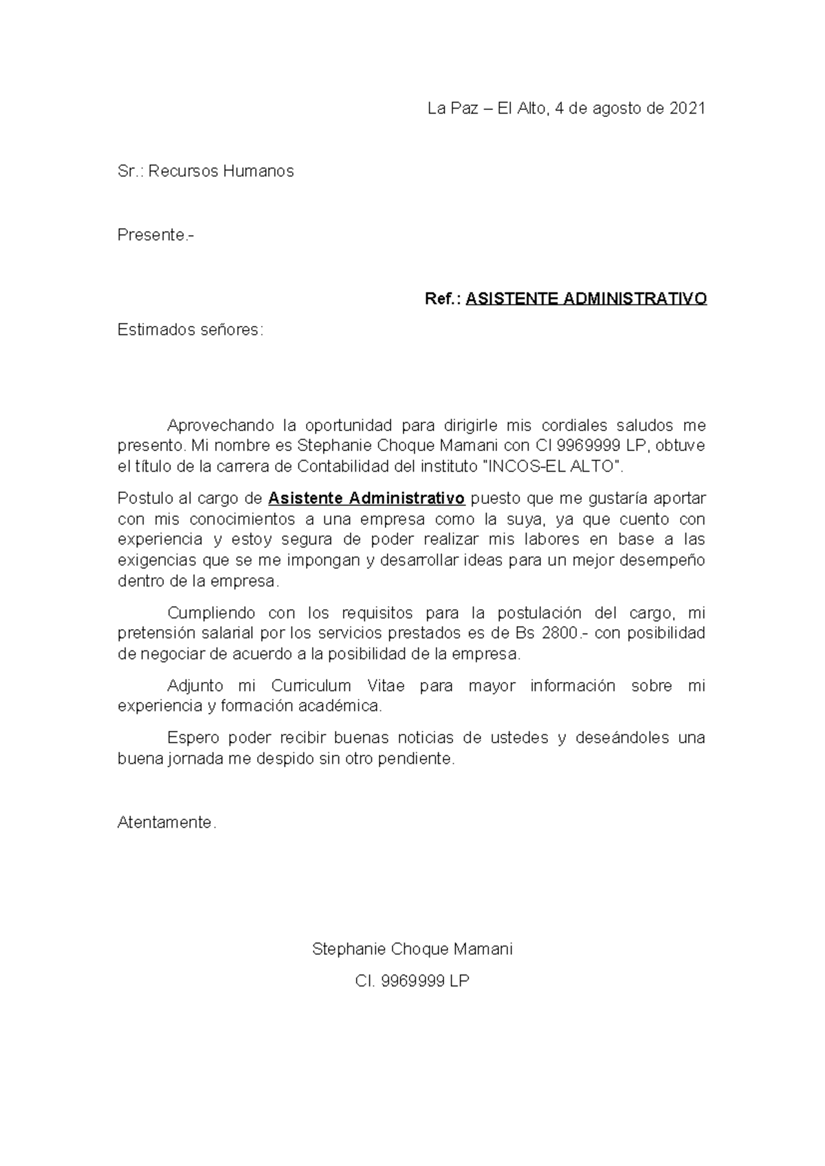 Carta DE Presentacion Y Pretension Salarial Stephanie Choque Mamani ...