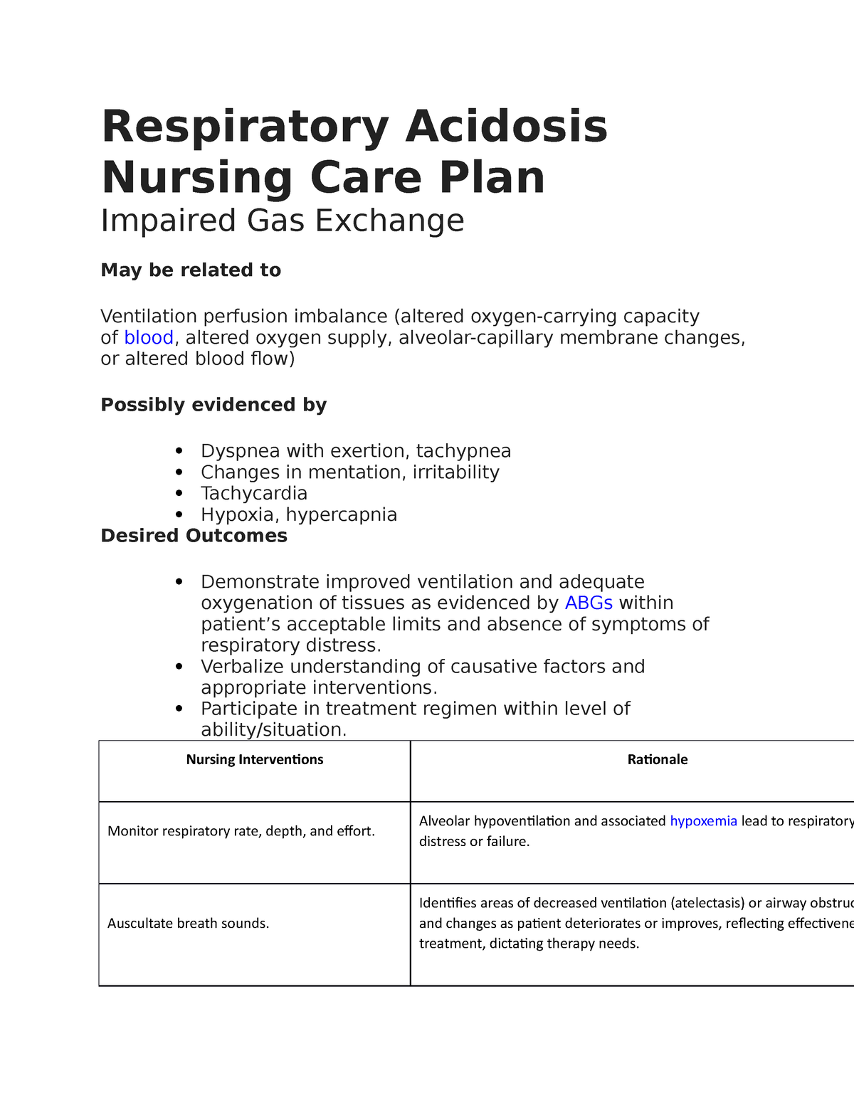 Respiratory Acidosis Nursing Care Plan And Management 