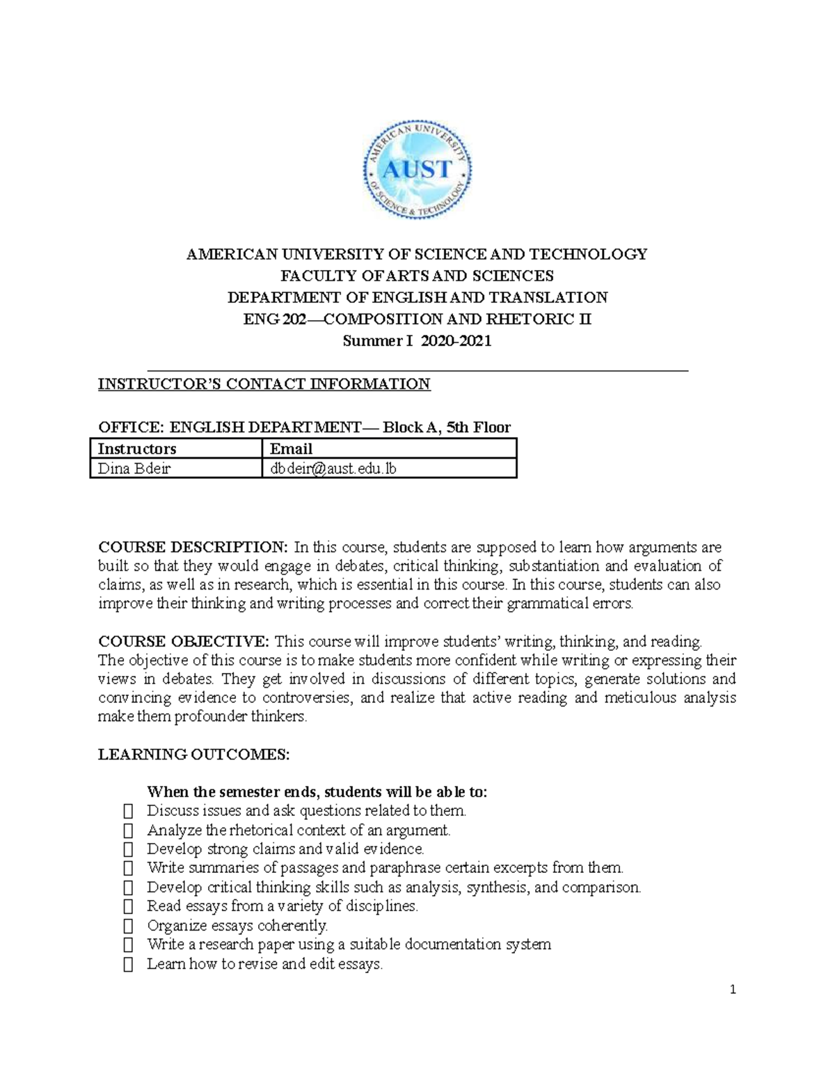 Eng 202 Syllabus-Summer I 2021 - AMERICAN UNIVERSITY OF SCIENCE AND ...