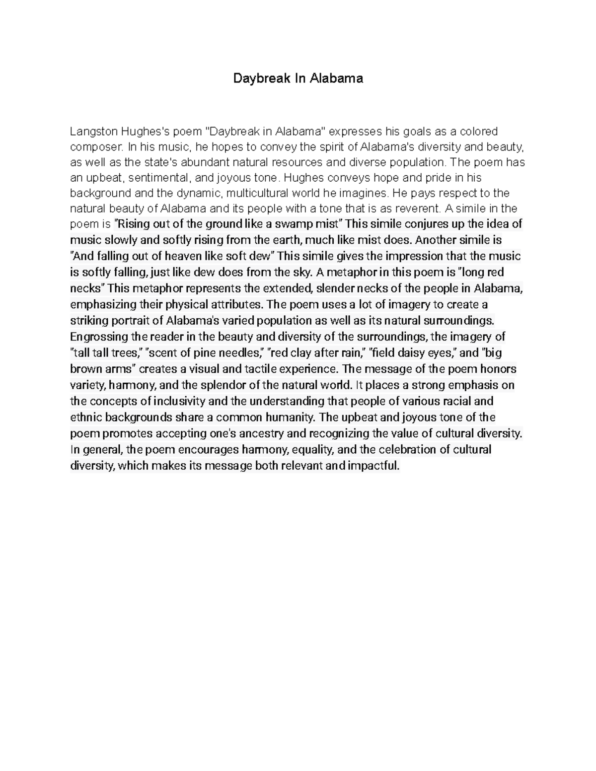 Daybreak In Alabama Short MiniEssay on Lincoln's second address