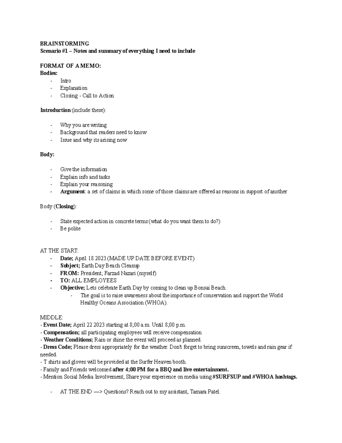 Memo Brainstorming - Study notes - BRAINSTORMING Scenario #1 – Notes ...