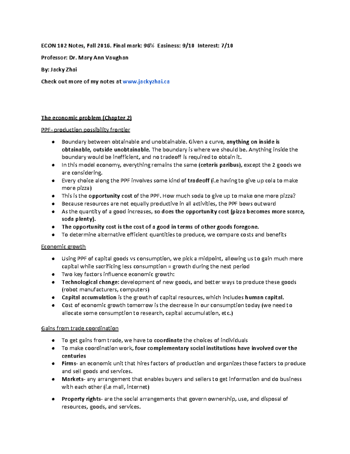 ECON 102 Class Notes - ECON 102 Notes, Fall 2016. Final mark: 96% ...