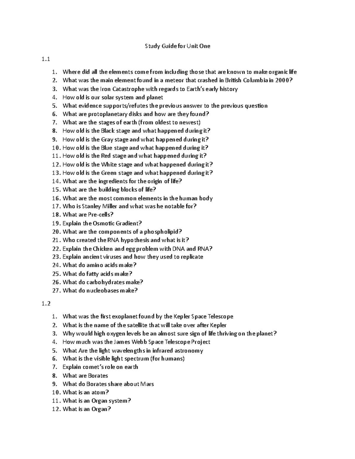 Study guide for unit one - Study Guide for Unit One Where did all the ...