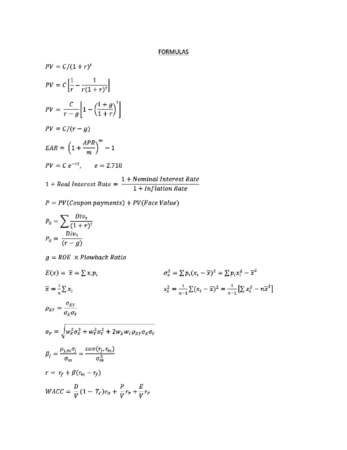 Formulas - Midterm - FIN 2000 (01.02) F24 - Introduction to Finance ...