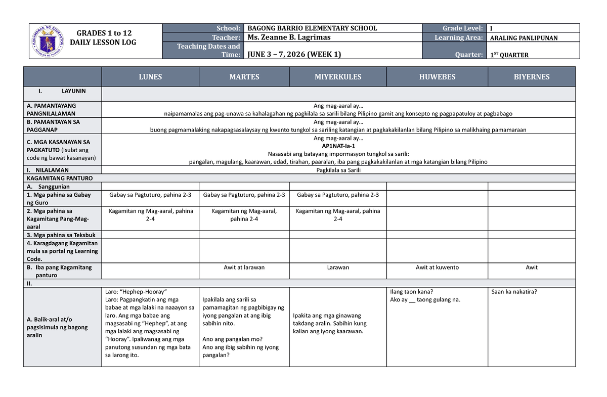 DLL Araling Panlipunan 1 Q1 W1 - GRADES 1 To 12 DAILY LESSON LOG School ...