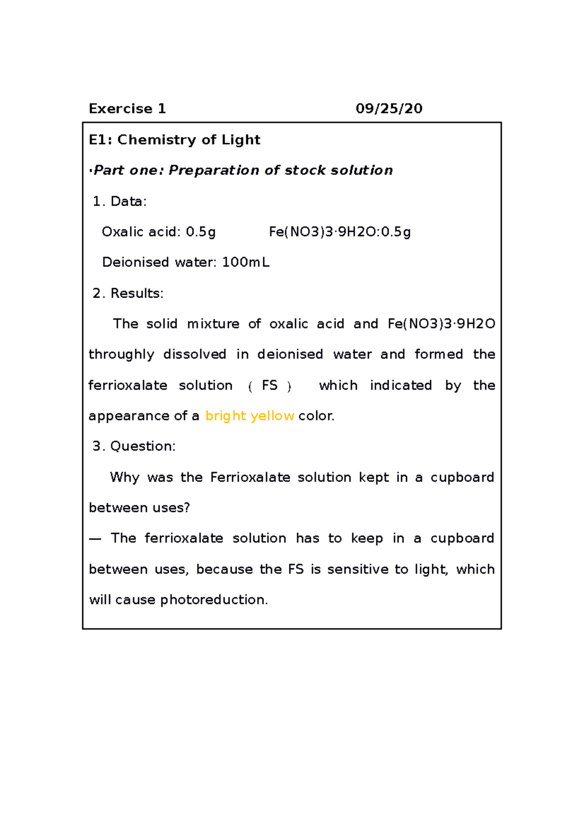 E1 logbook Exercise 1 09/25/ E1 Chemistry of Light ·Part one Preparation of stock solution