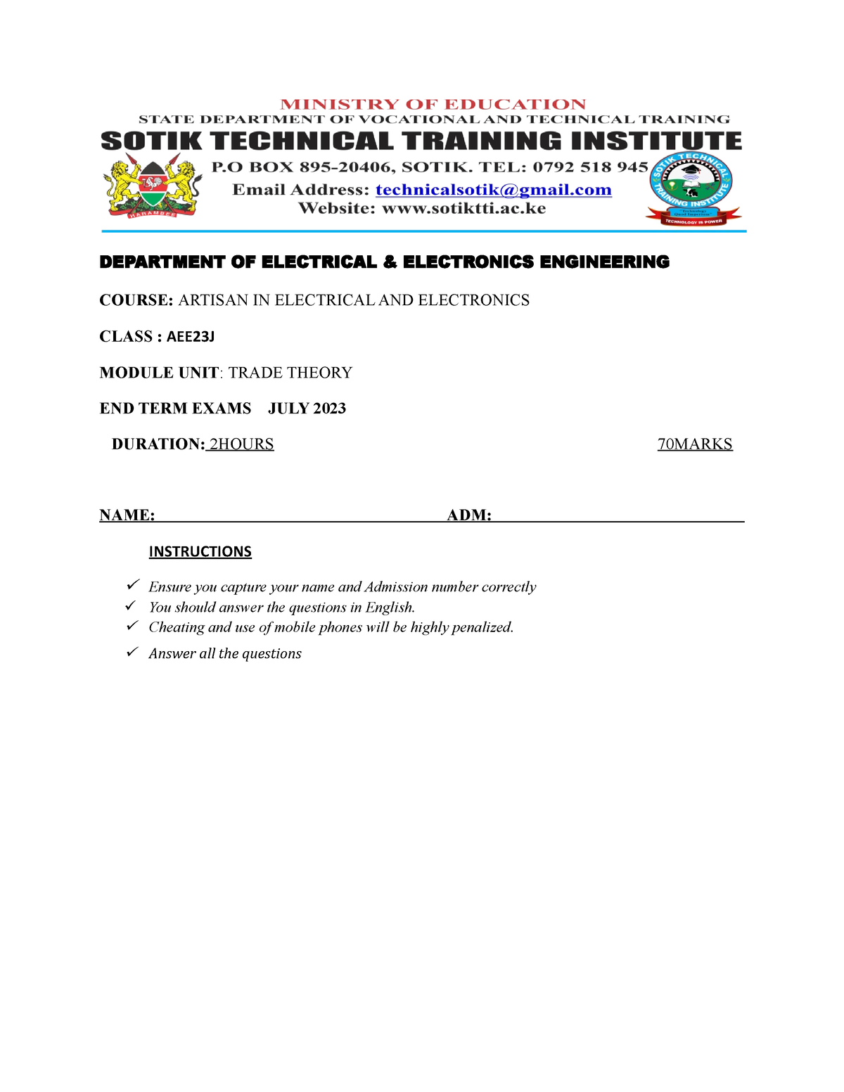 Trade Theory Artisan END TERM Exams ,, 4 Copies - DEPARTMENT OF ...