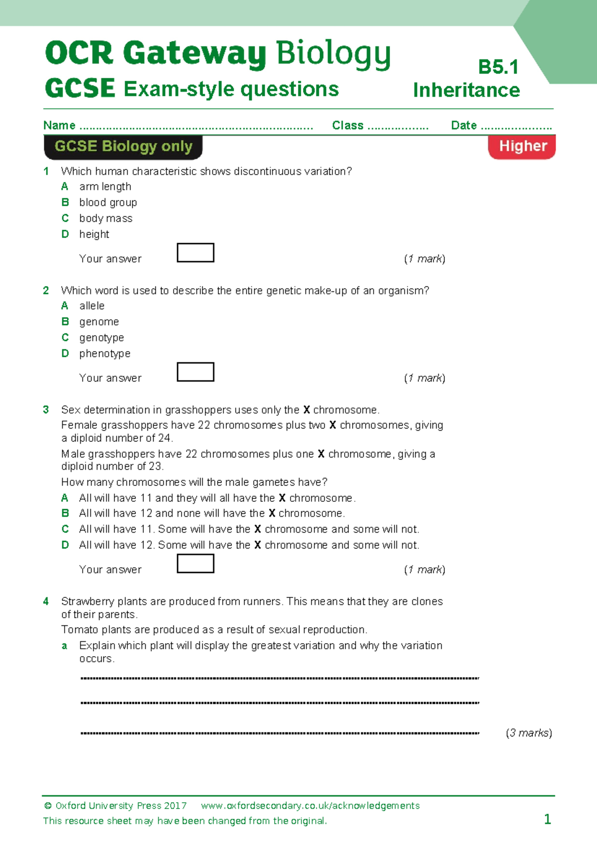 Genetics%20homework - hwk - Exam-style questions Inheritance Name - Studocu