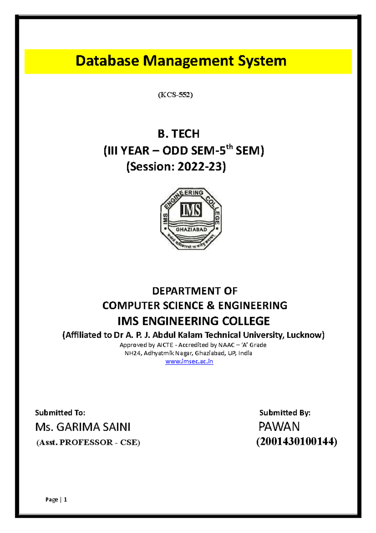 Dbms File 147 - Page | 1 (KCS-552) B. TECH (III YEAR – ODD SEM- Th SEM ...