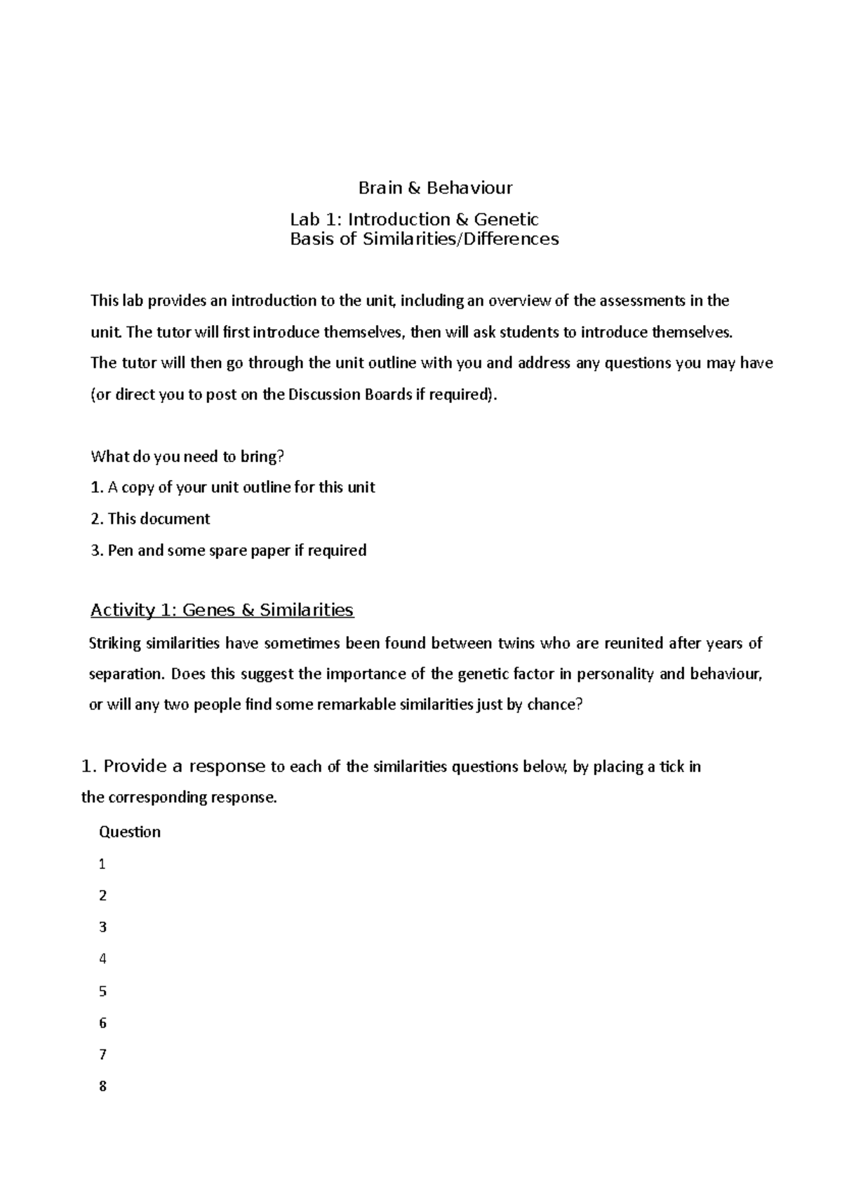 B & B Lab 1 Student Handout - Brain & Behaviour Lab 1: Introduction ...