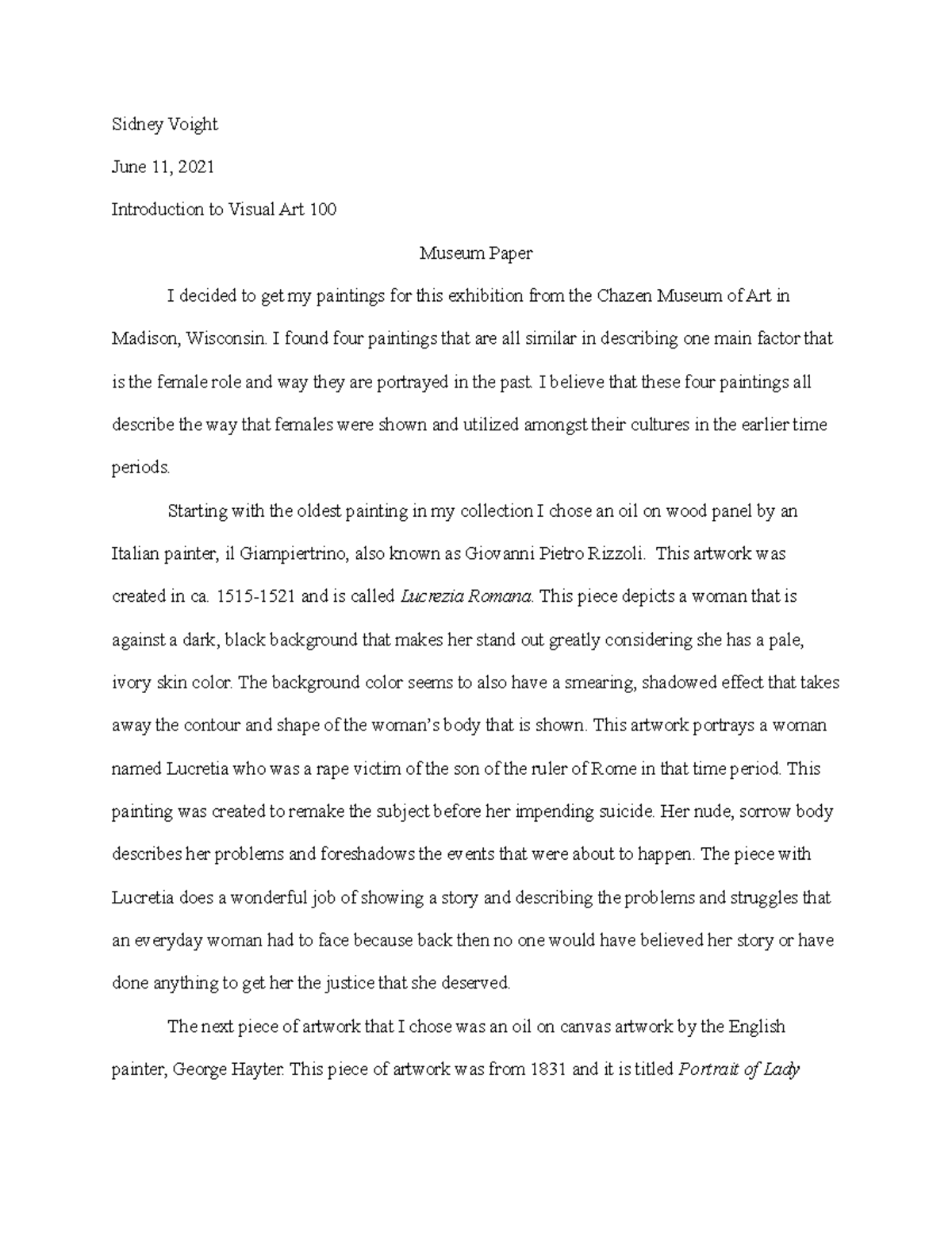 Museum paper Sidney Voight June 11, 2021 Introduction to Visual Art