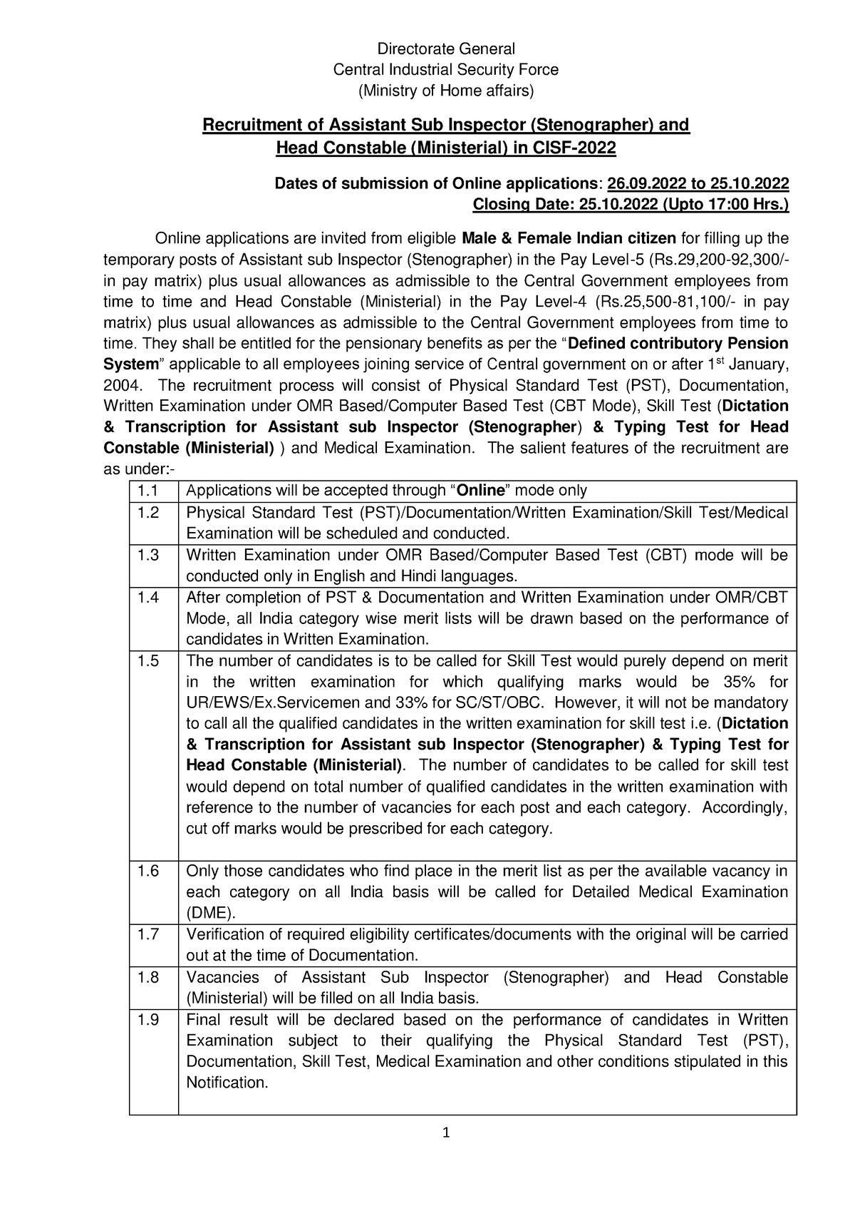 CISF HC ASI Recruitment 2022 Notification PDF - Directorate General ...