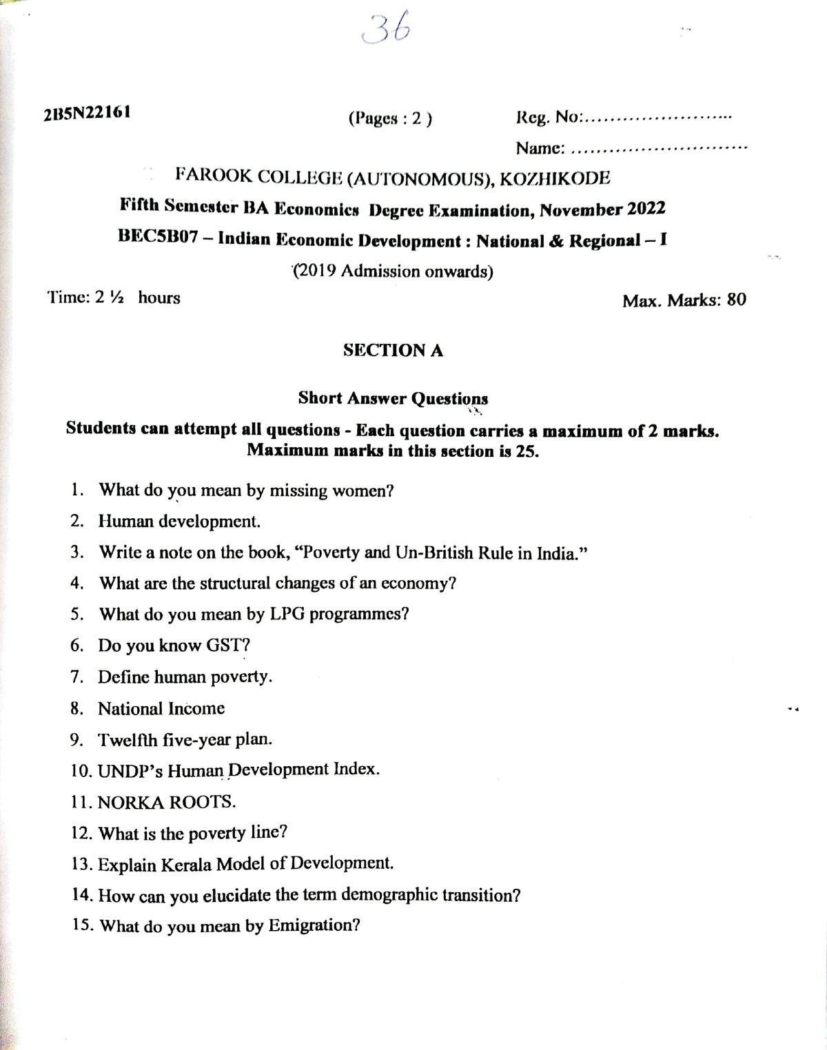 Indian Eco 22 - 2BSN Time: 2 ½ Hours FAROOK COLLEGE (AUTONOMOUS ...