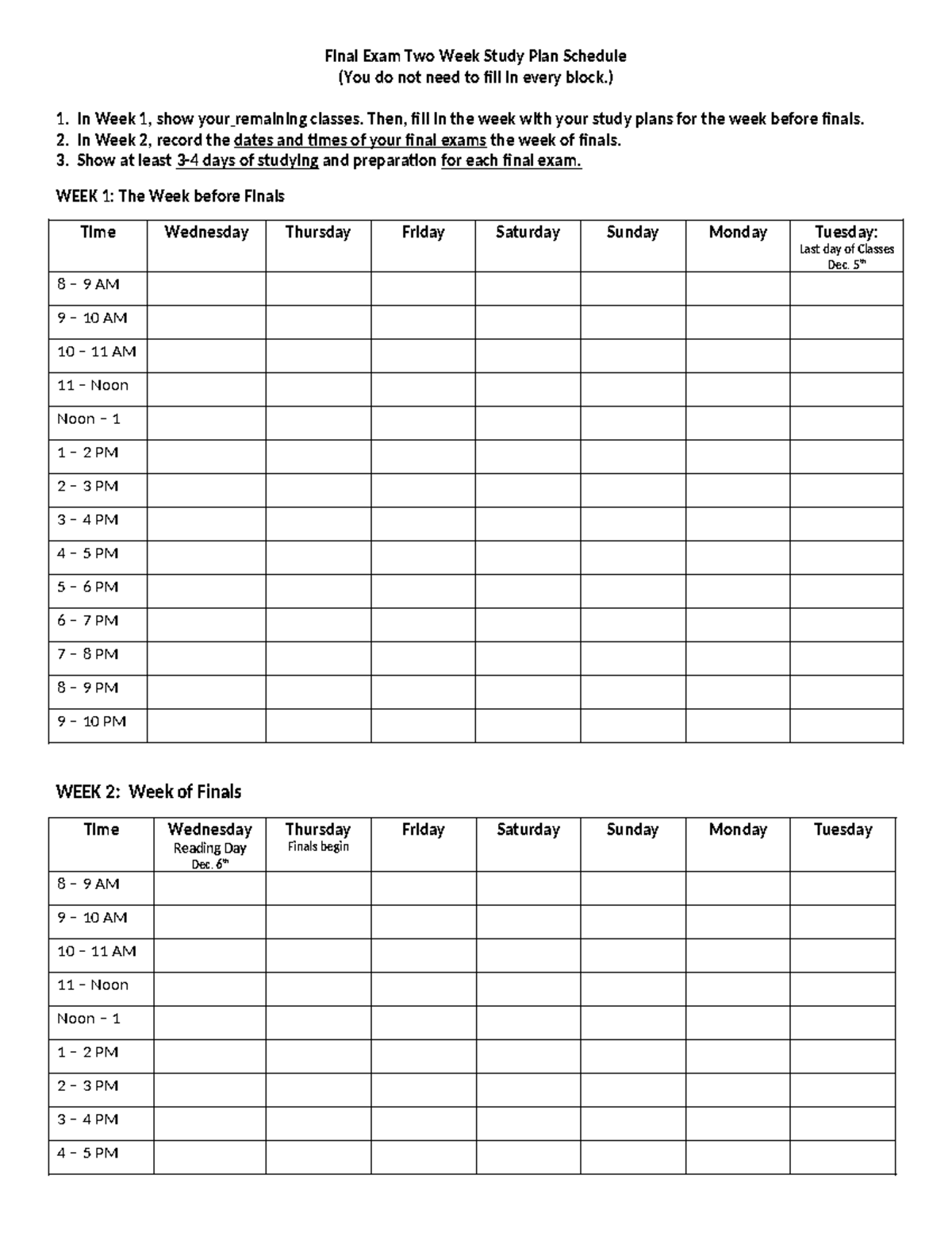 Two Week Final Exam Plan F23 Final Exam Two Week Study Plan Schedule