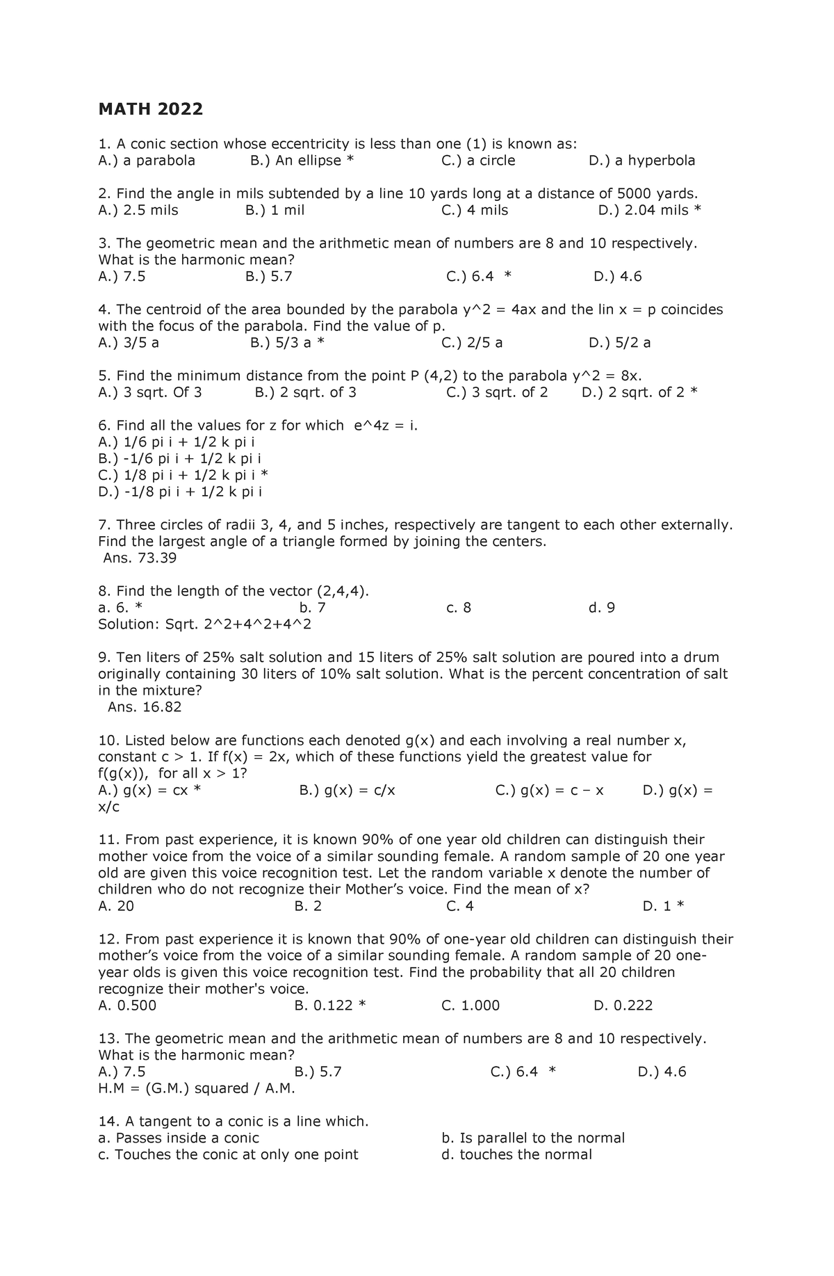 REE- April-22 - April 22 REe - MATH 2022 1. A conic section whose ...