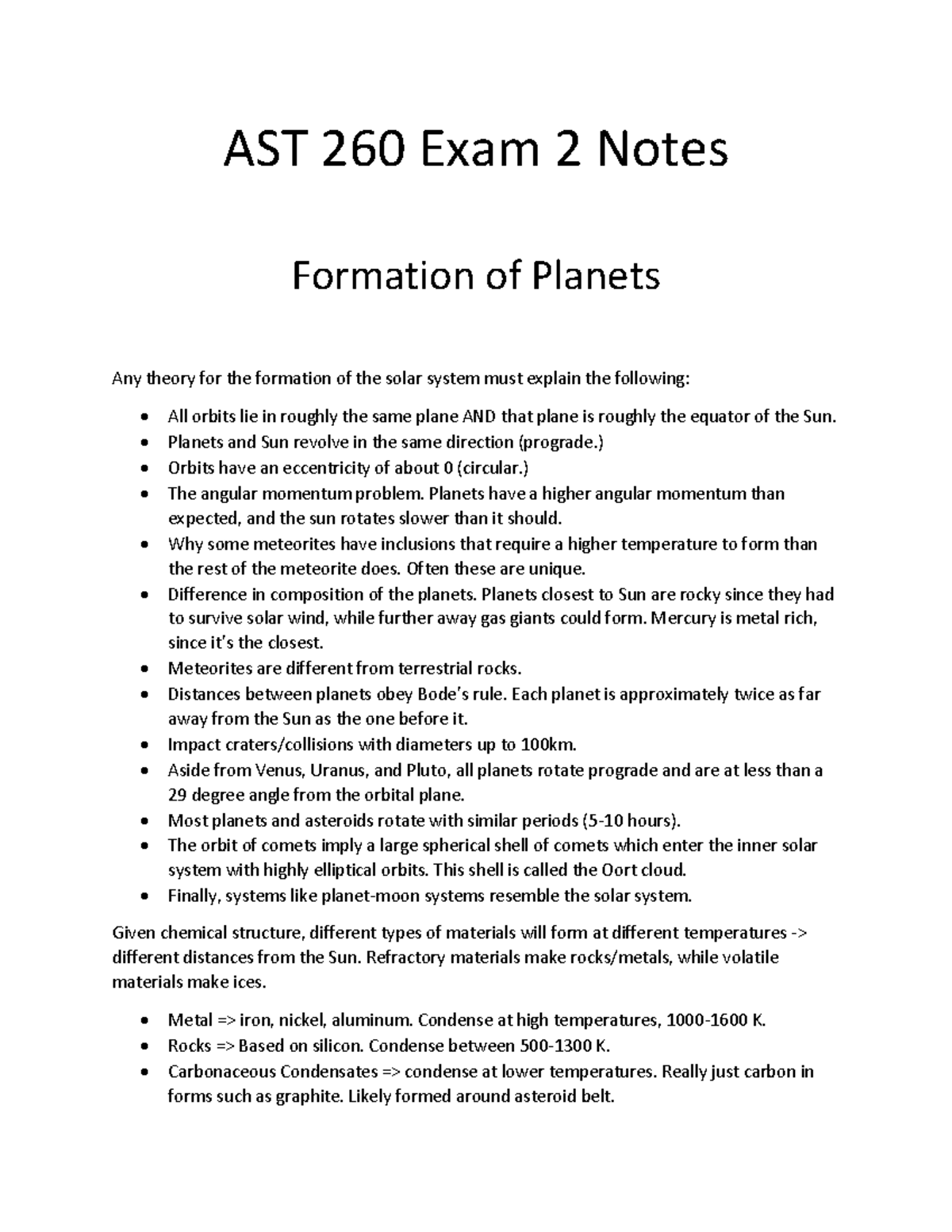 Ast 260 Exam 2 Notes Summary General Astronomy I Ast 260