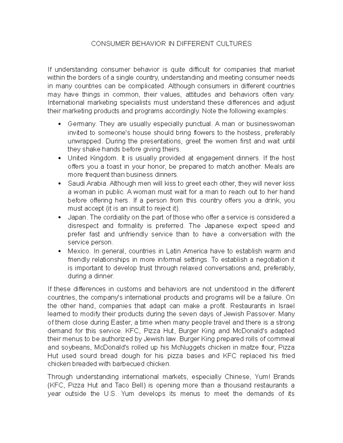 CONSUMER BEHAVIOR IN DIFFERENT CULTURES - Although consumers in ...