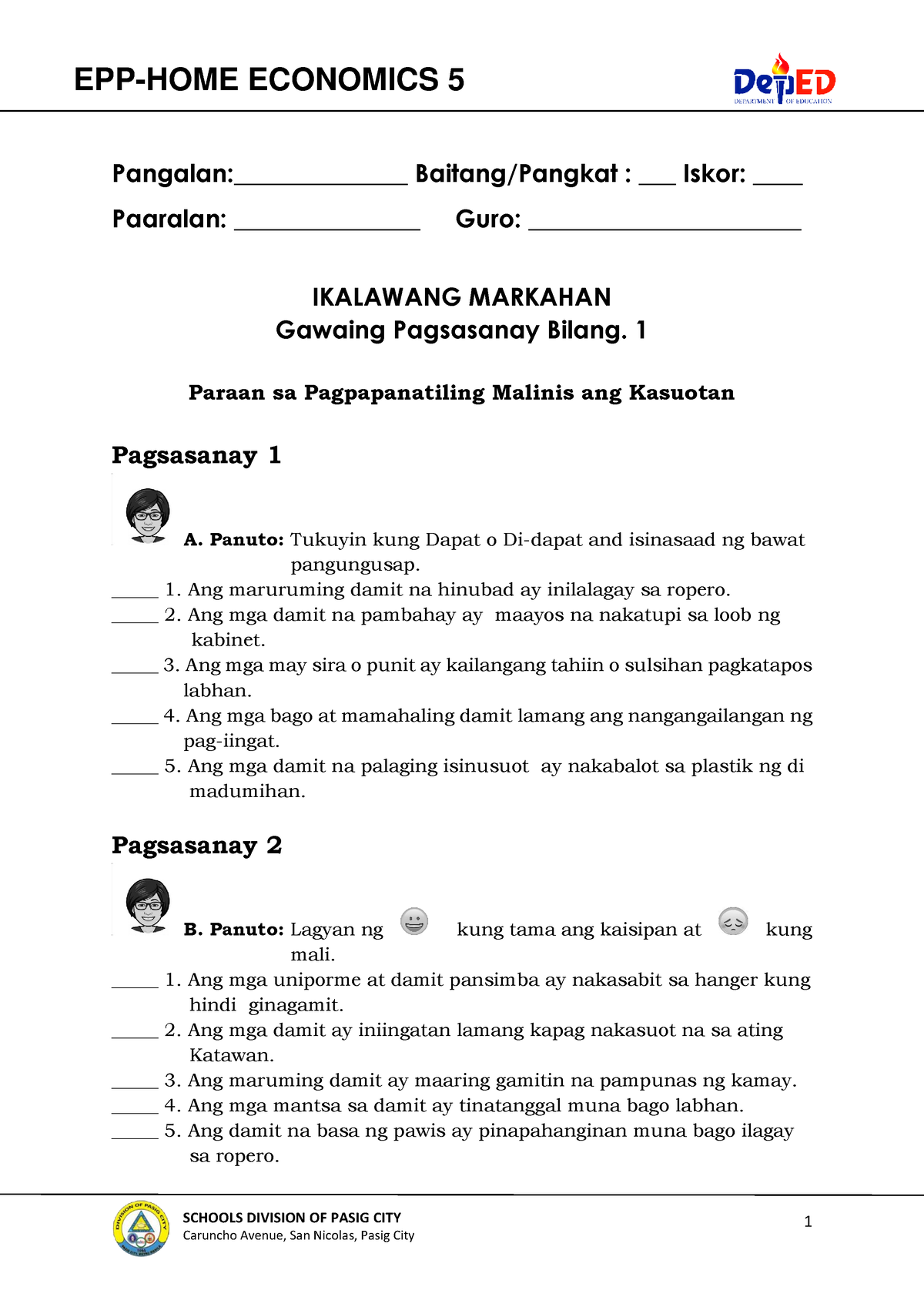 EPP 5 - HE 5 - Q2 - DW1 - Worksheet - SCHOOLS DIVISION OF PASIG CITY 1 ...