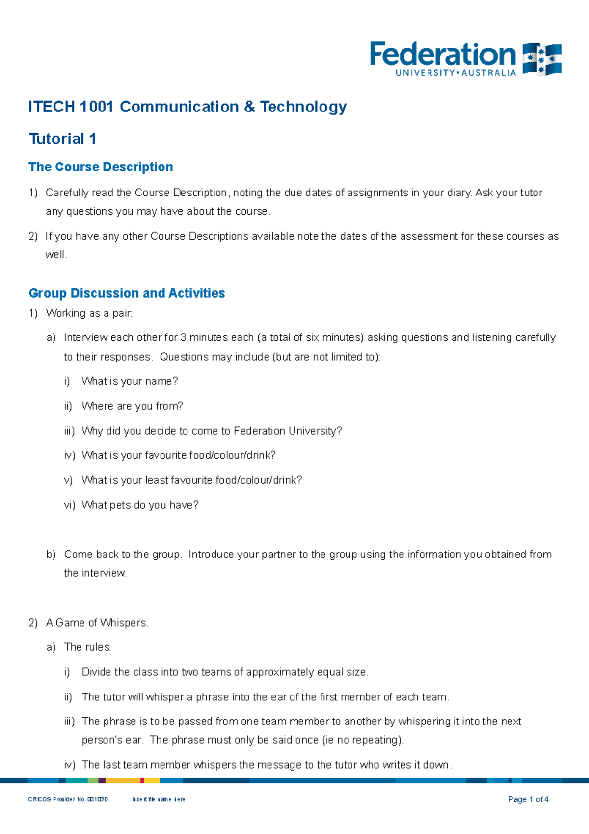 ITECH 1001 Tutorial 1 - ITECH 1001 Communication & Technology Tutorial ...