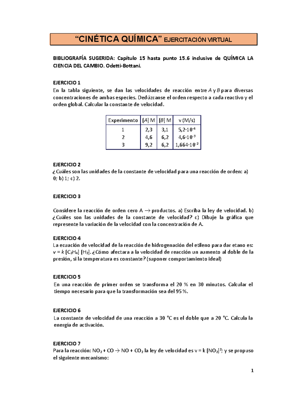 GuÍa De Problemas Cinetica 1 “cinÉtica QuÍmica” EjercitaciÓn