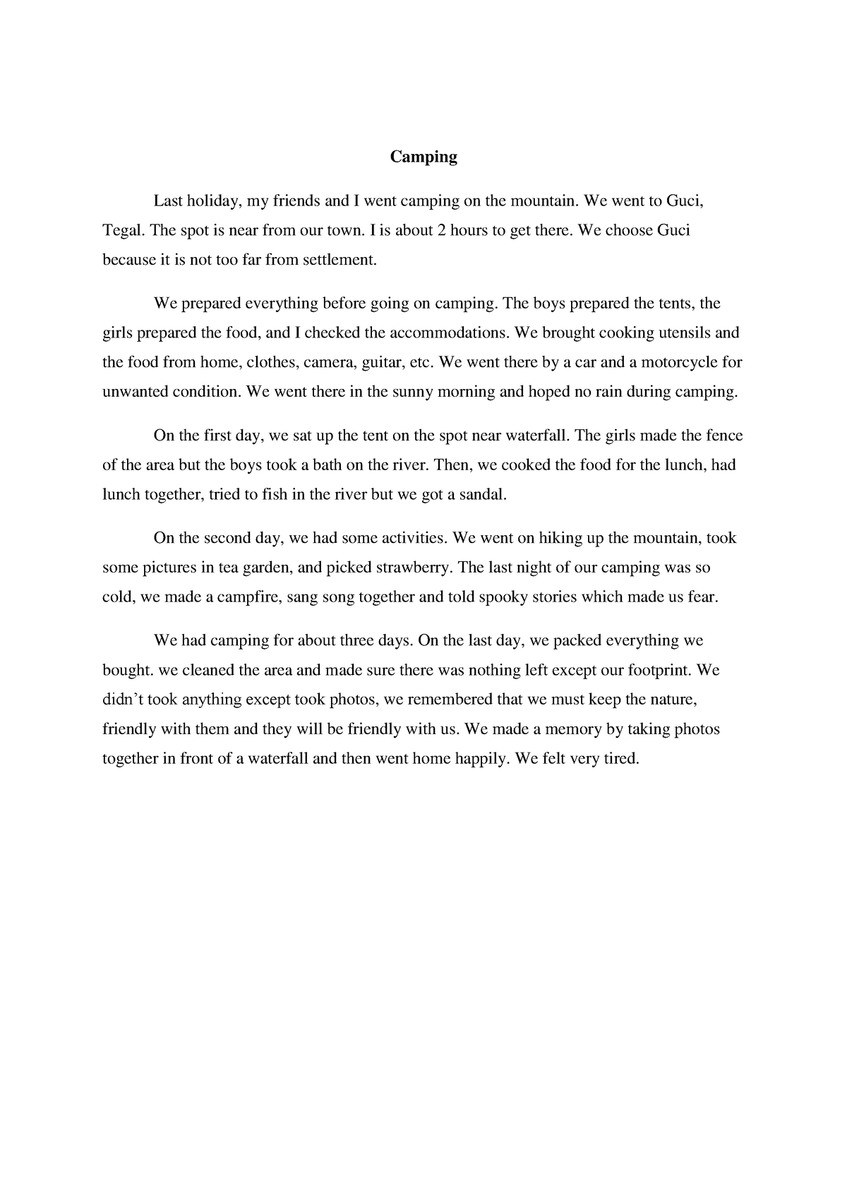 Recount Text - Camping Last Holiday, My Friends And I Went Camping On ...