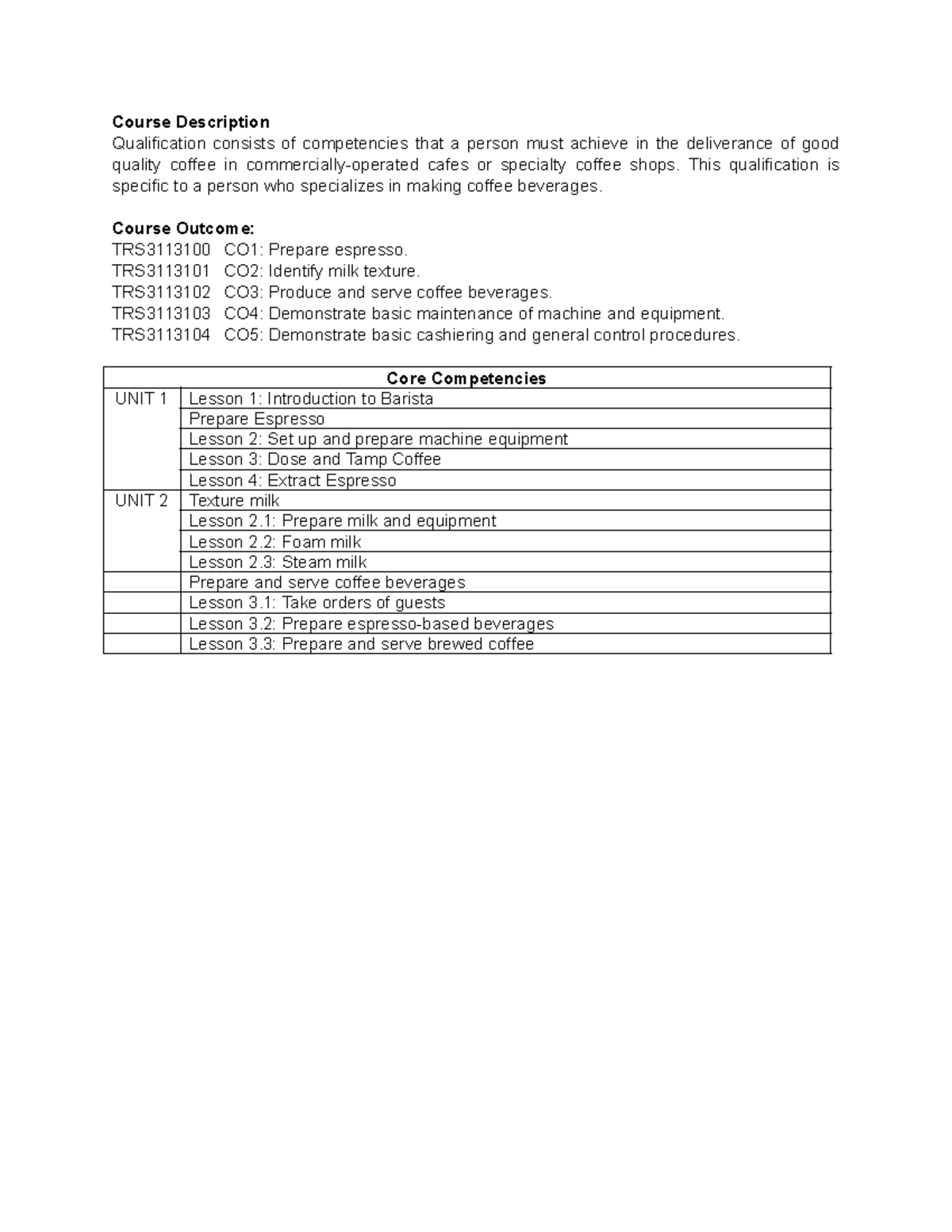 Barista - Course Description Qualification consists of competencies ...