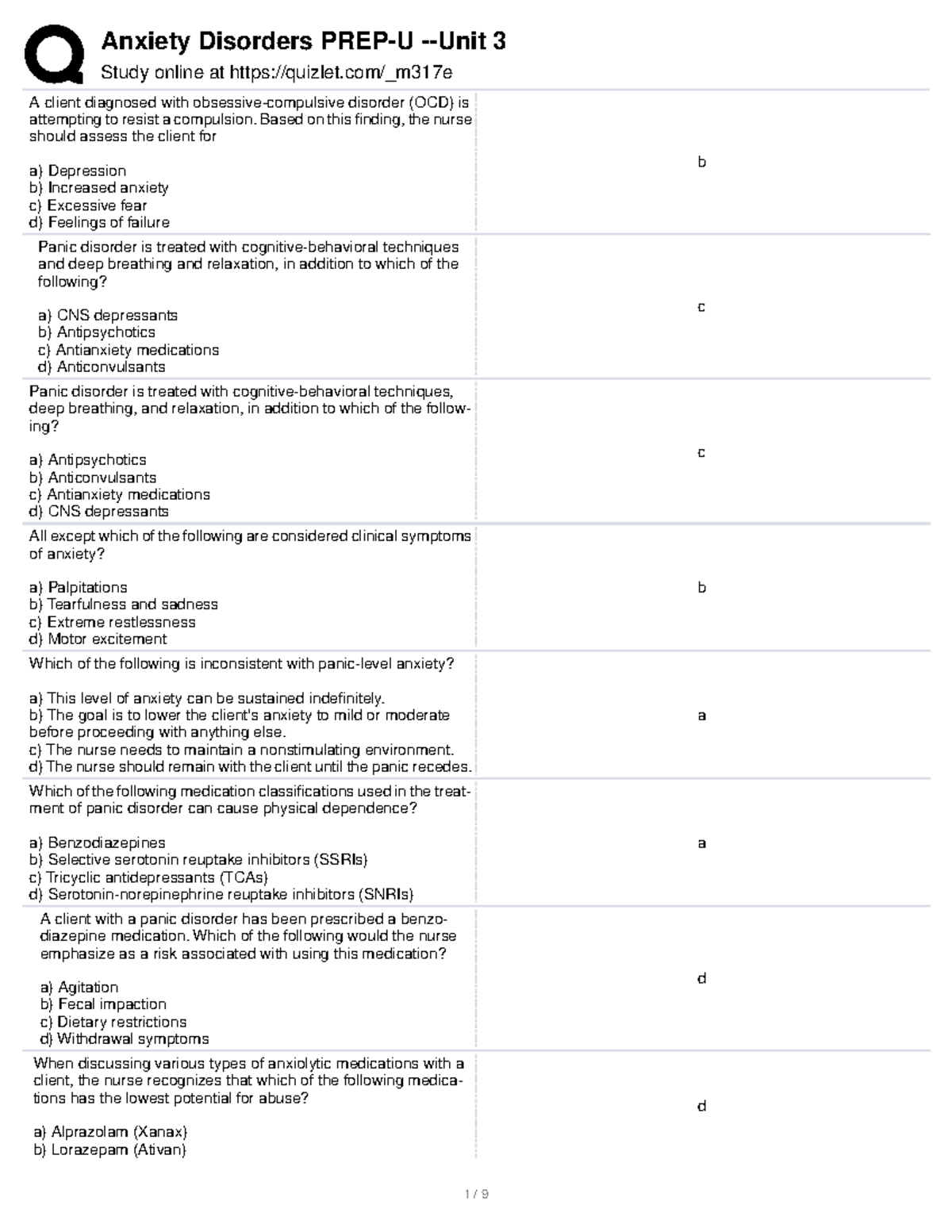 Anxiety Disorders PREP-U -Unit 3 - Study online at quizlet/_m317e A ...