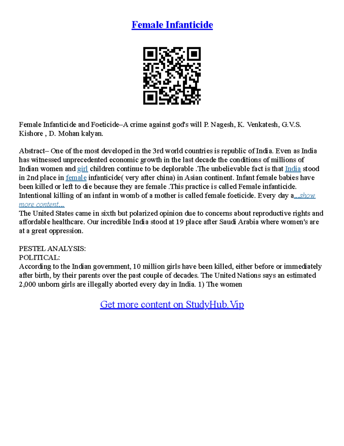 Essay On Female Foeticide - Female Infanticide Female Infanticide and ...