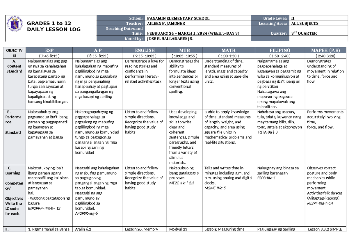 DLL ALL Subjects 2 Q3 W5 D4 - GRADES 1 to 12 DAILY LESSON LOG School ...