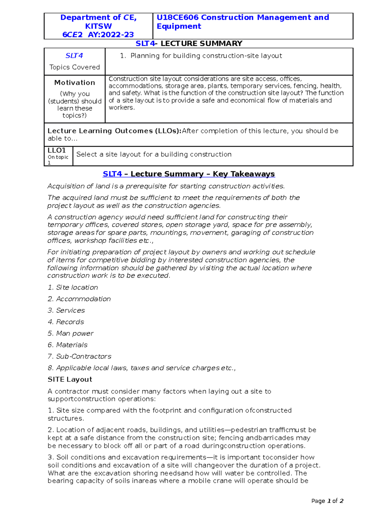 Planning for building construction-site layout. - Department of CE ...