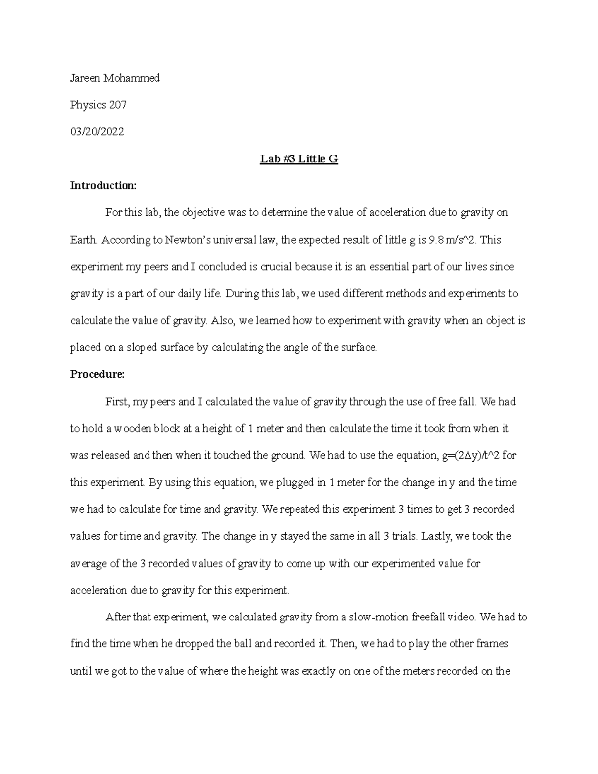 Lab 3 Little G physics 207 Jareen Mohammed Physics 207 03/20/ Lab 3
