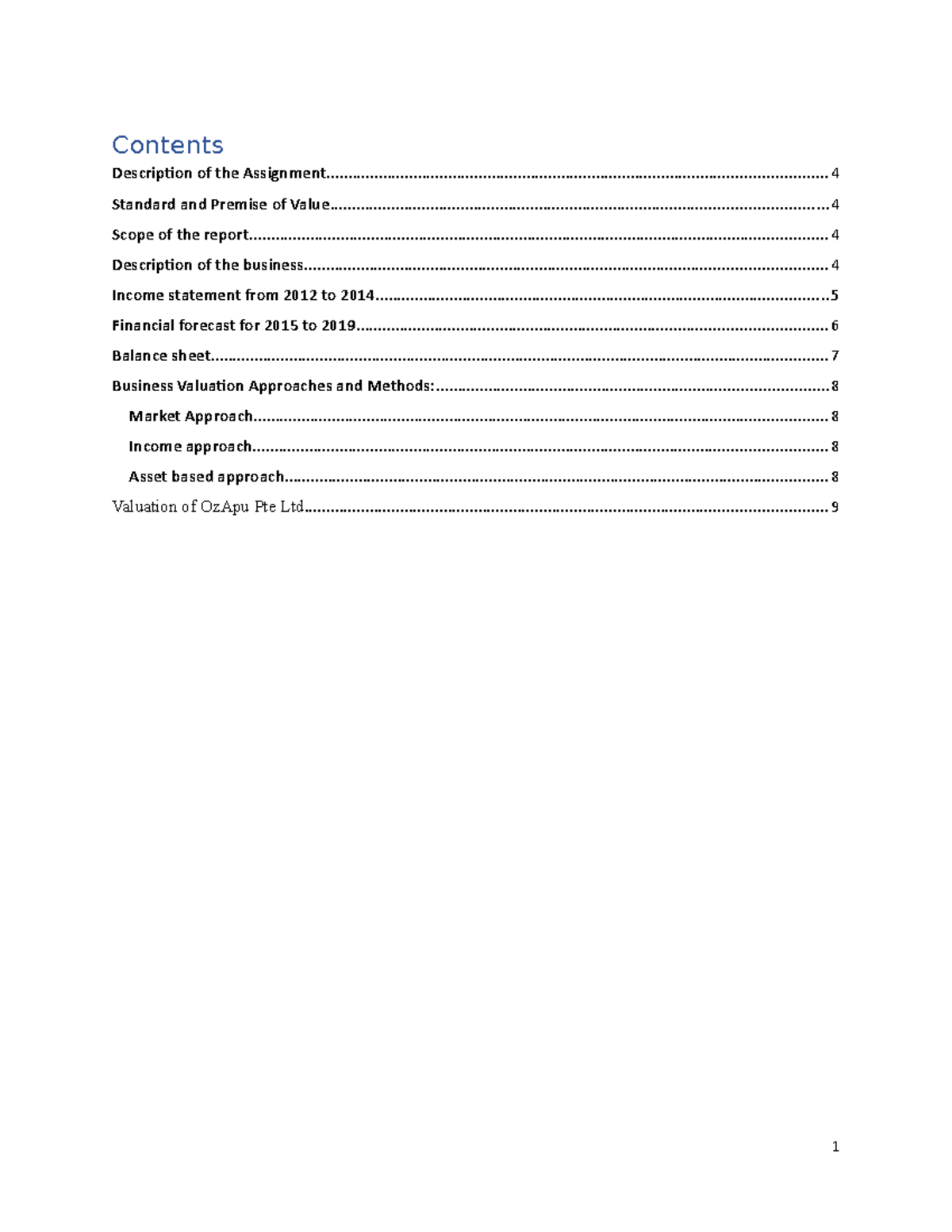 Valuation Assignment - Contents Description of the - Studocu