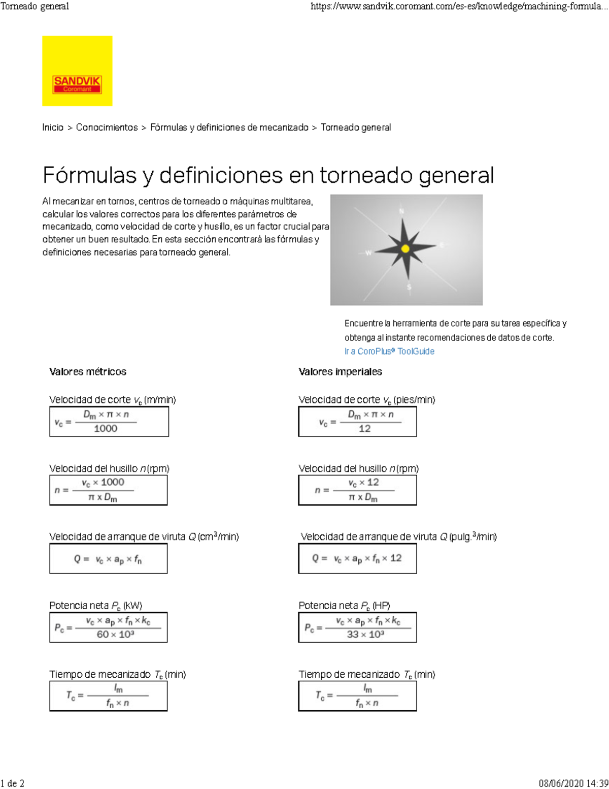 Torneado general Fórmulas Sandvik Inicio > Conocimientos > Fórmulas
