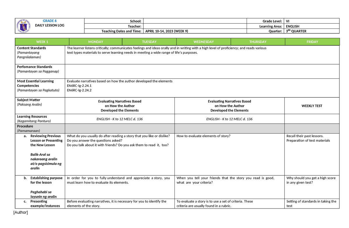 DLL English 6 WEEK9 - GRADE 6 DAILY LESSON LOG School: Grade Level: VI ...