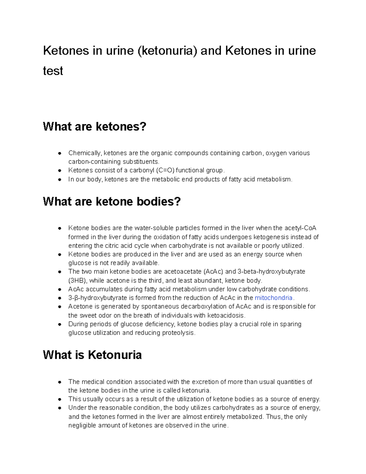 Ketones in urine (ketonuria) and Ketones in urine test Ketones
