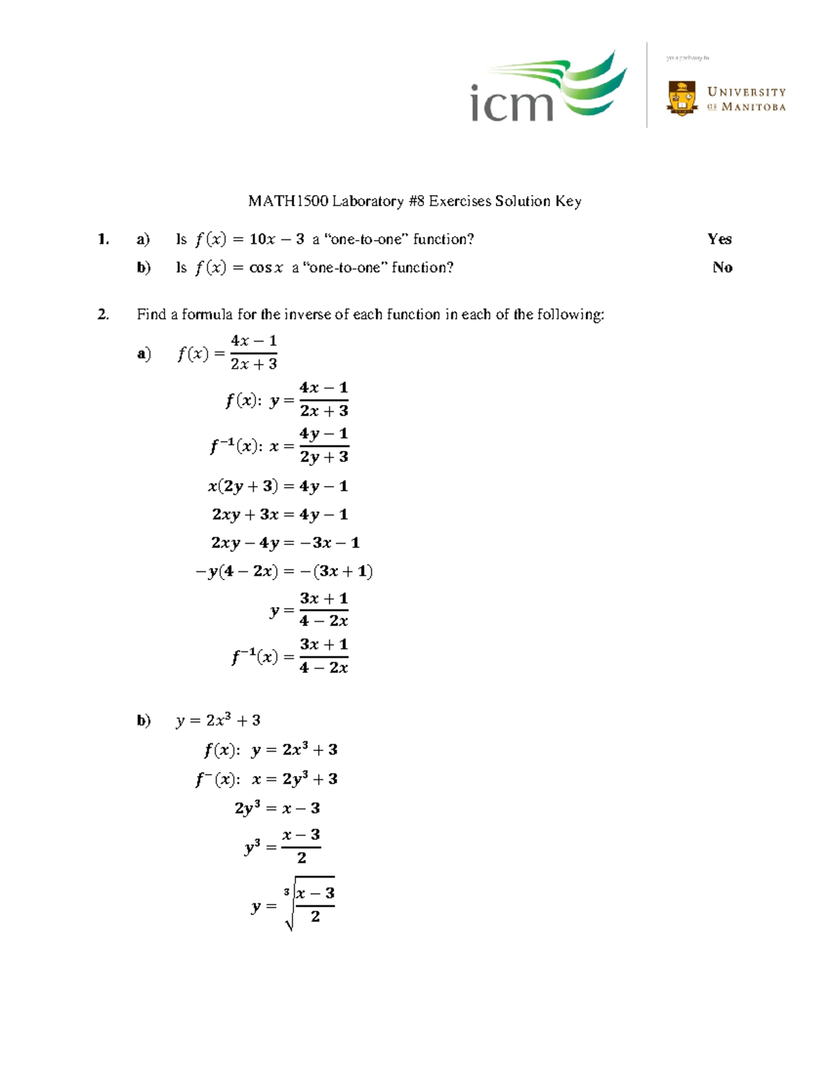 Laboratory #8 Exercises key - a) Is a “one-to-one” function? Yes b) Is ...