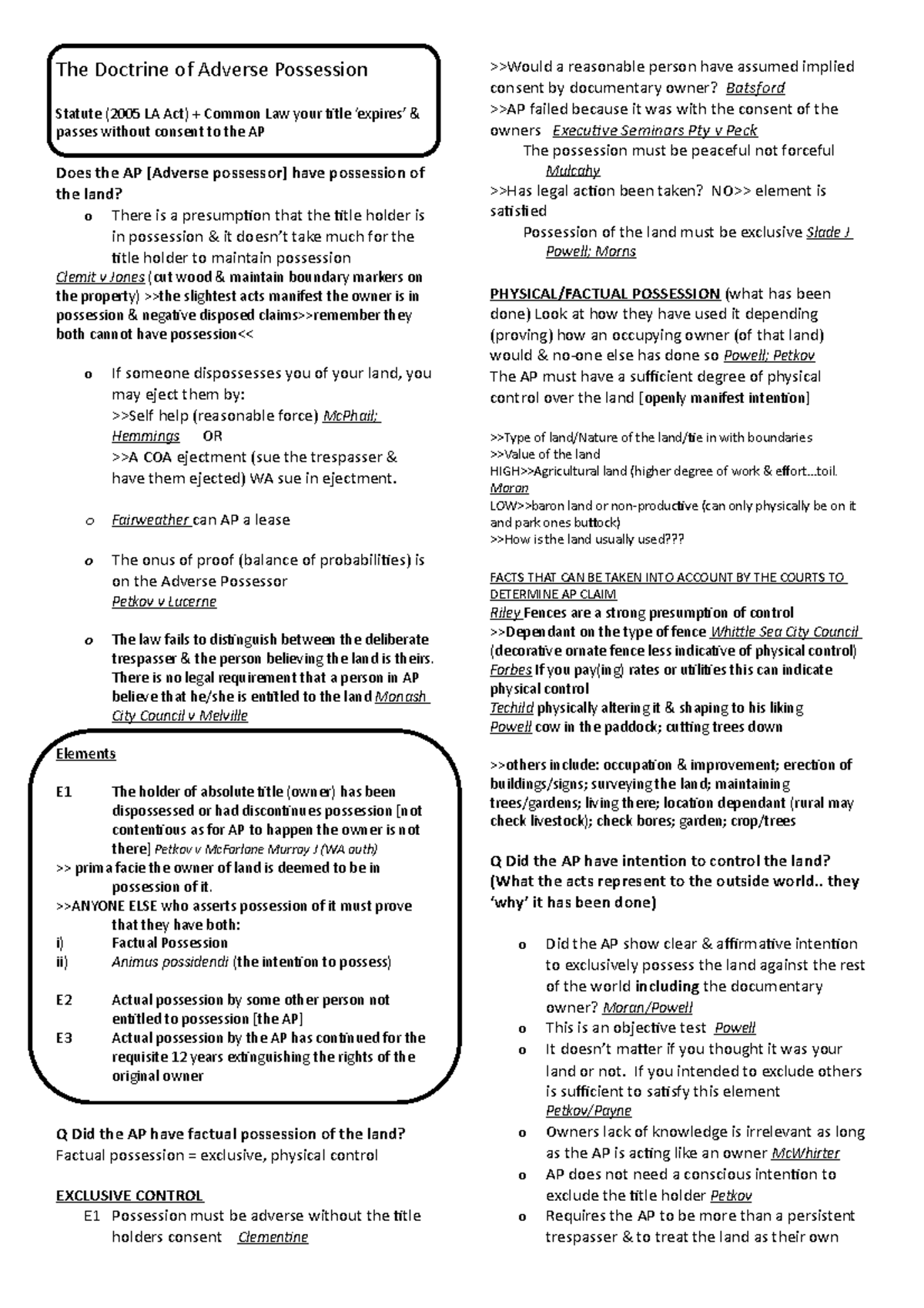 Adverse Possession summary The Doctrine of Adverse Possession Statute
